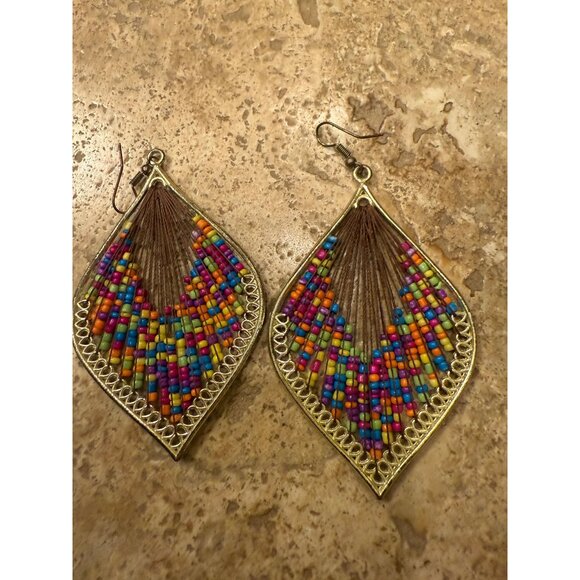 Colorful Beaded Teardrop Earrings With Metal Frame - Picture 3 of 3